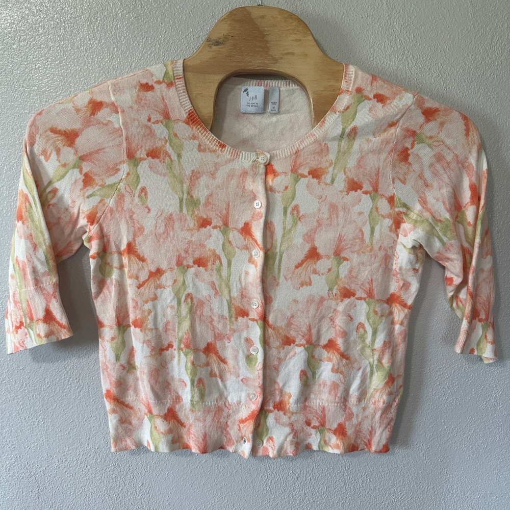 J Jill Peach Floral Cardigan Sweater 3/4 Sleeve Button Front Medium Petite MP